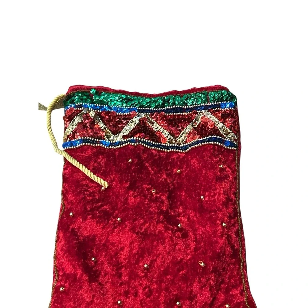 Christmas Stocking Red With Plastic Sequins, Glass Beads ,‎ Satin Lining VTG